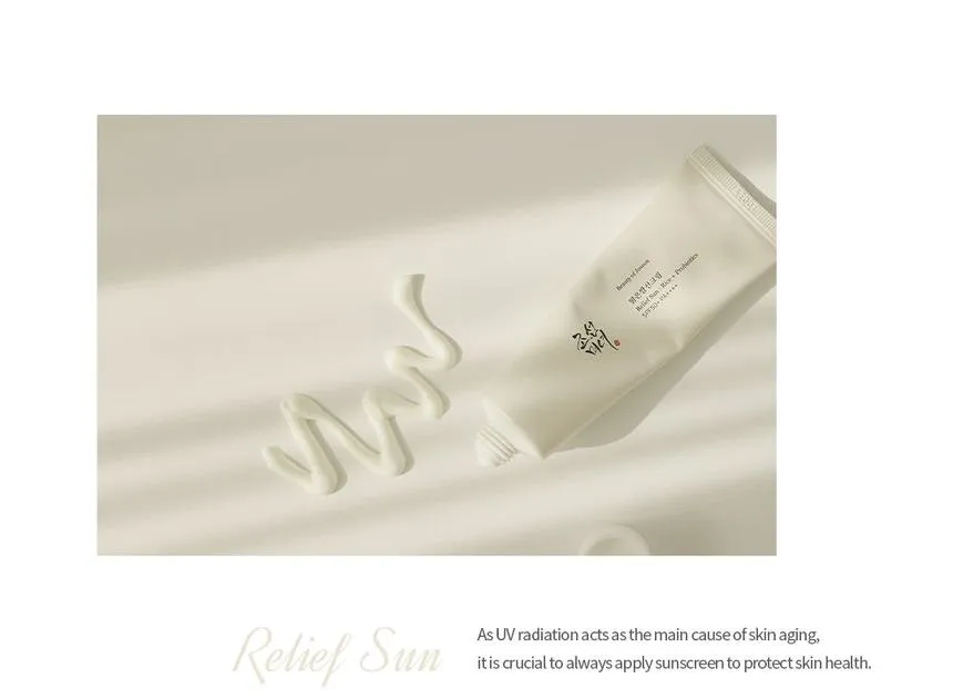 Image de la crème solaire 'Relief Sun' de Beauty of Joseon, contenue dans un tube élégant de 50ml, sur un fond clair et naturel. Cette crème solaire est spécialement formulée pour offrir une protection haute performance contre les rayons UV tout en apaisant la peau avec des extraits naturels. Idéale pour les utilisateurs au Maroc cherchant une protection solaire fiable et nourrissante, disponible sur Beauty-Care.ma.