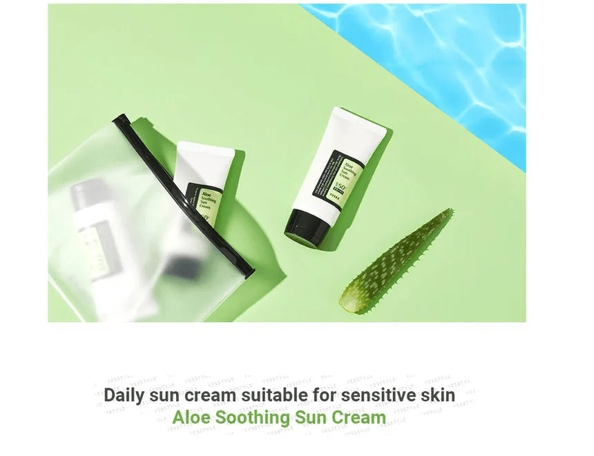 Image de la 'Aloe Soothing Sun Cream' de COSRX, présentée dans un tube blanc avec des accents verts, sur un fond lumineux. Cette crème solaire apaisante à l'aloe vera offre une protection SPF élevée tout en hydratant et en calmant la peau exposée au soleil. Idéale pour les utilisateurs au Maroc recherchant une protection solaire nourrissante et apaisante, disponible sur Beauty-Care.ma.