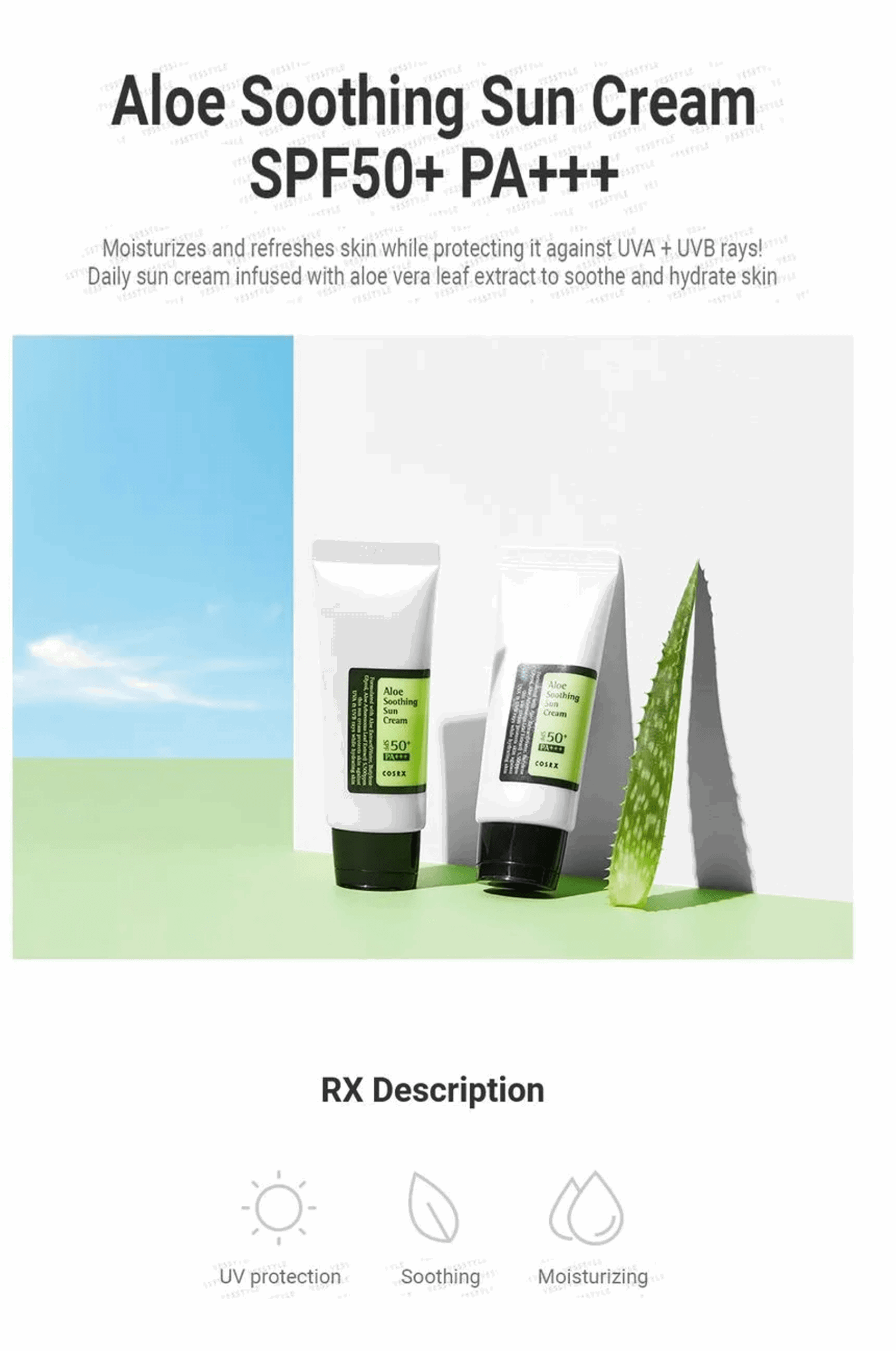 Image de la 'Aloe Soothing Sun Cream' de COSRX, présentée dans un tube blanc avec des accents verts, sur un fond lumineux. Cette crème solaire apaisante à l'aloe vera offre une protection SPF élevée tout en hydratant et en calmant la peau exposée au soleil. Idéale pour les utilisateurs au Maroc recherchant une protection solaire nourrissante et apaisante, disponible sur Beauty-Care.ma.