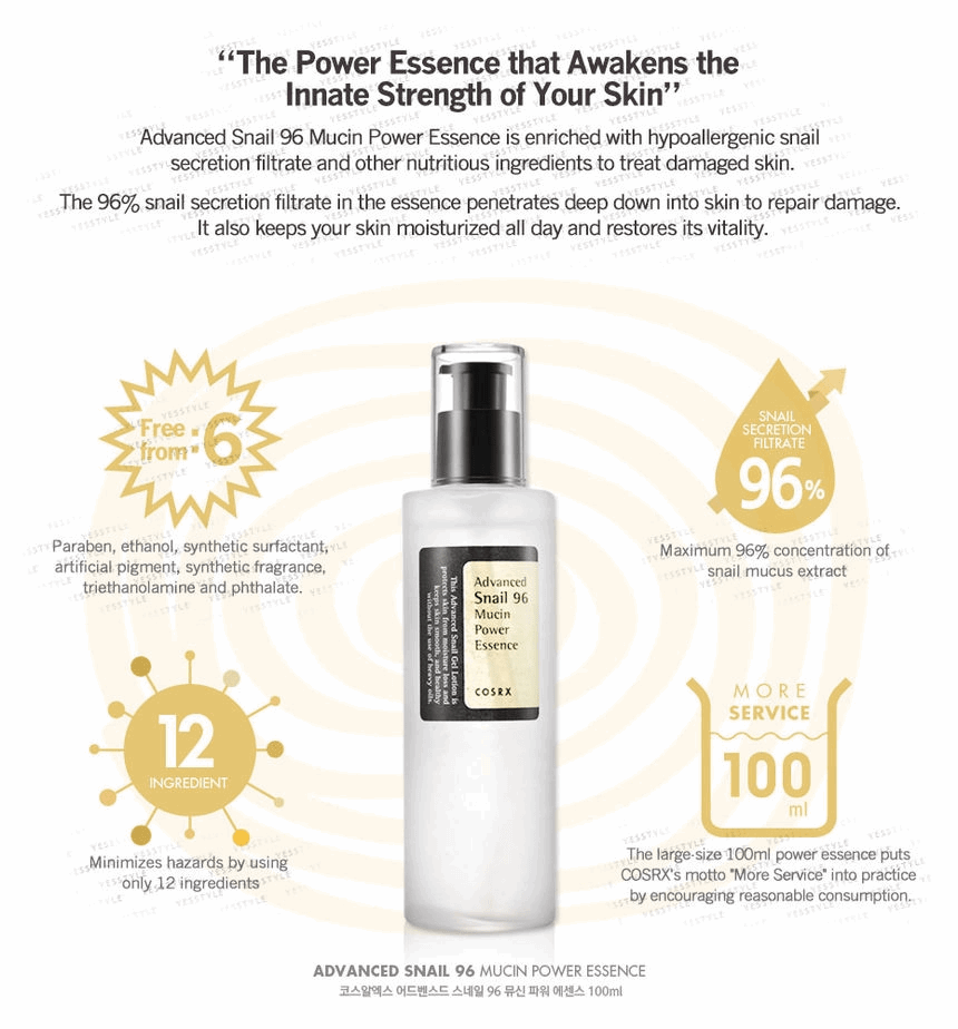 Image de 'Advanced Snail 96 Mucin Power Essence' de COSRX, présentée dans un flacon pompe transparent avec des détails en noir, sur un fond clair. Cette essence est formulée avec 96% de mucine d'escargot, reconnue pour ses propriétés hydratantes et régénératrices. Elle aide à réparer et à apaiser la peau, tout en améliorant l'élasticité et la luminosité. Idéale pour les consommateurs au Maroc cherchant à revitaliser leur routine de soins de la peau, disponible sur Beauty-Care.ma.