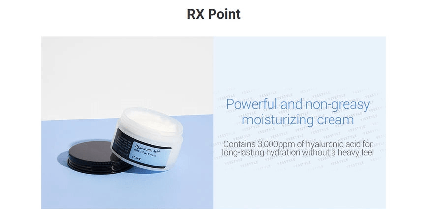 Hyaluronic Acid Intensive Cream de COSRX, présentée dans un pot robuste avec une étiquette claire, posée sur un fond épuré pour accentuer les propriétés hydratantes du produit. Cette crème riche est enrichie en acide hyaluronique, connue pour ses capacités exceptionnelles à retenir l'humidité, parfaite pour hydrater intensément les peaux sèches. Disponible pour les amateurs de soins de la peau au Maroc sur Beauty-Care.ma.