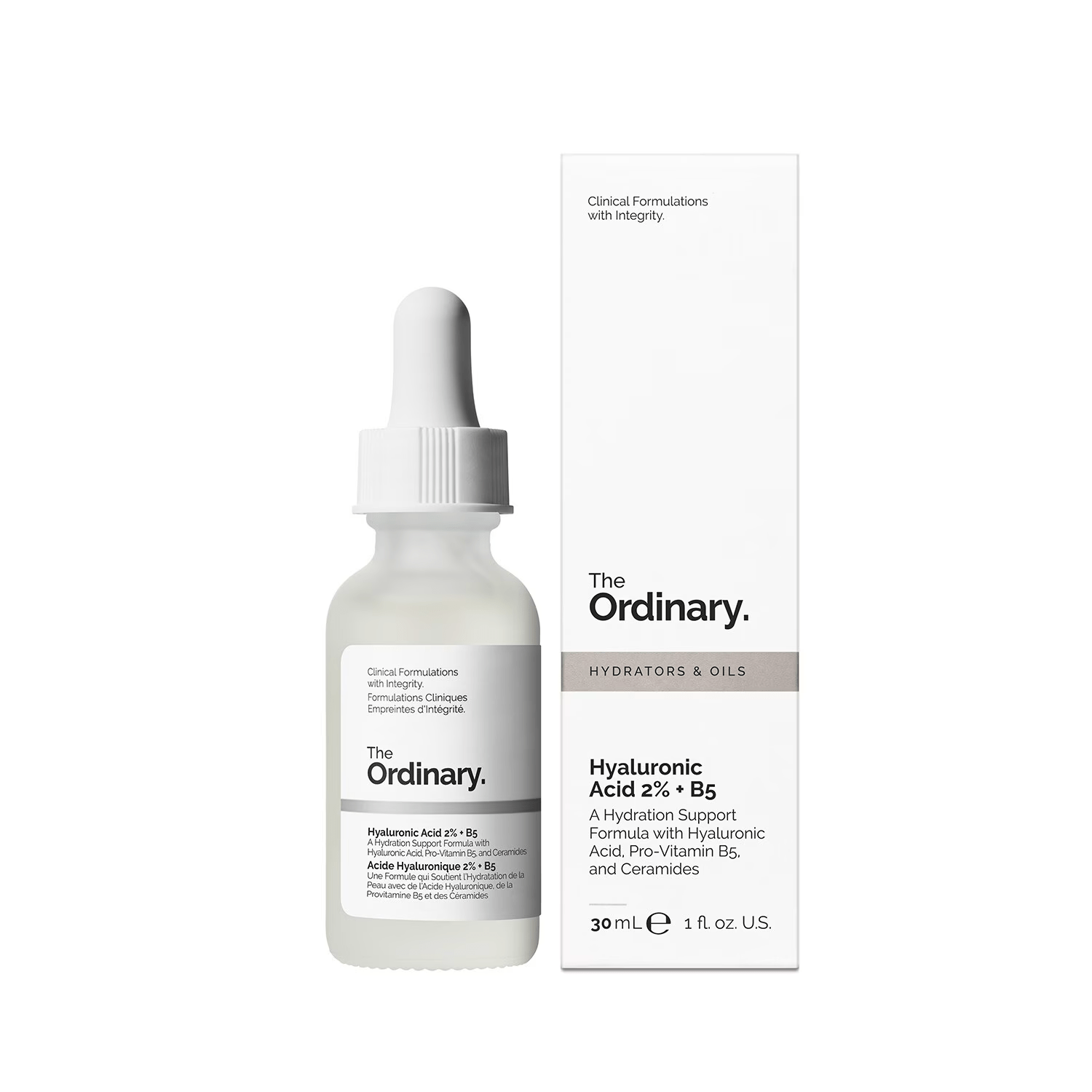 Image de 'Acide Hyaluronique 2% + B5 - Sérum Hydratant' de The Ordinary, présenté dans un flacon compte-gouttes transparent avec des détails noirs, sur un fond neutre. Ce sérum combine l'acide hyaluronique et la vitamine B5 pour une hydratation intense et profonde, améliorant la texture et l'élasticité de la peau. Idéal pour les utilisateurs au Maroc recherchant un hydratant quotidien puissant, disponible sur Beauty-Care.ma.