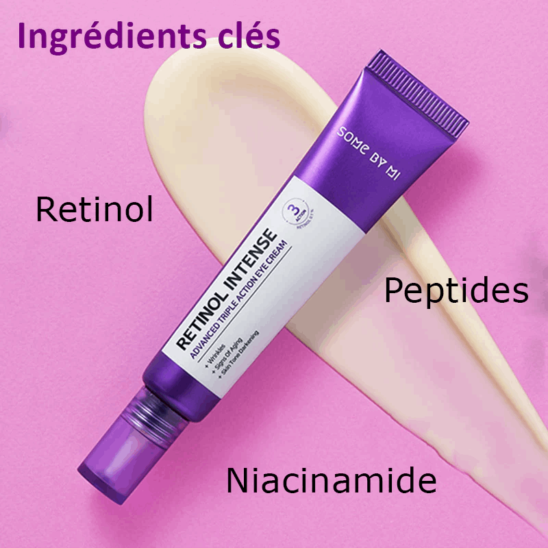 Image de 'Retinol Intense Crème Contour des Yeux Avancée Triple Action' de SOME BY MI, présentée dans un tube sophistiqué. Ce produit est spécialement conçu pour revitaliser le contour des yeux avec une formule riche en rétinol, réduisant efficacement les rides, les poches et les cernes. Parfait pour ceux qui recherchent un soin oculaire intensif au Maroc, disponible sur Beauty-Care.ma.