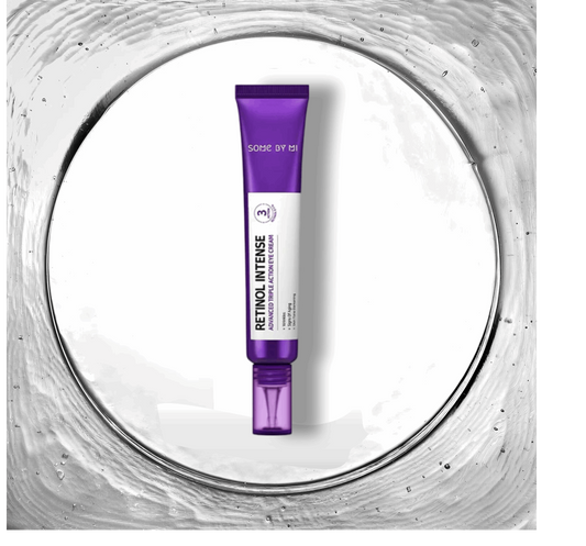 Image de 'Retinol Intense Crème Contour des Yeux Avancée Triple Action' de SOME BY MI, présentée dans un tube sophistiqué. Ce produit est spécialement conçu pour revitaliser le contour des yeux avec une formule riche en rétinol, réduisant efficacement les rides, les poches et les cernes. Parfait pour ceux qui recherchent un soin oculaire intensif au Maroc, disponible sur Beauty-Care.ma.