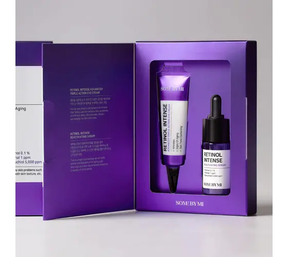 Image du 'Retinol Intense Trial Kit' de SOME BY MI, contenant deux produits emballés dans un design attrayant. Ce kit d'essai est parfait pour tester l'efficacité du rétinol dans la réduction des signes de vieillissement. Idéal pour ceux qui débutent avec les soins au rétinol au Maroc, disponible sur Beauty-Care.ma.