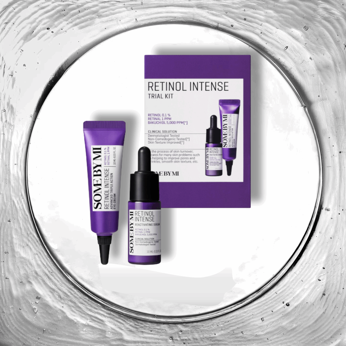 Image du 'Retinol Intense Trial Kit' de SOME BY MI, contenant deux produits emballés dans un design attrayant. Ce kit d'essai est parfait pour tester l'efficacité du rétinol dans la réduction des signes de vieillissement. Idéal pour ceux qui débutent avec les soins au rétinol au Maroc, disponible sur Beauty-Care.ma.